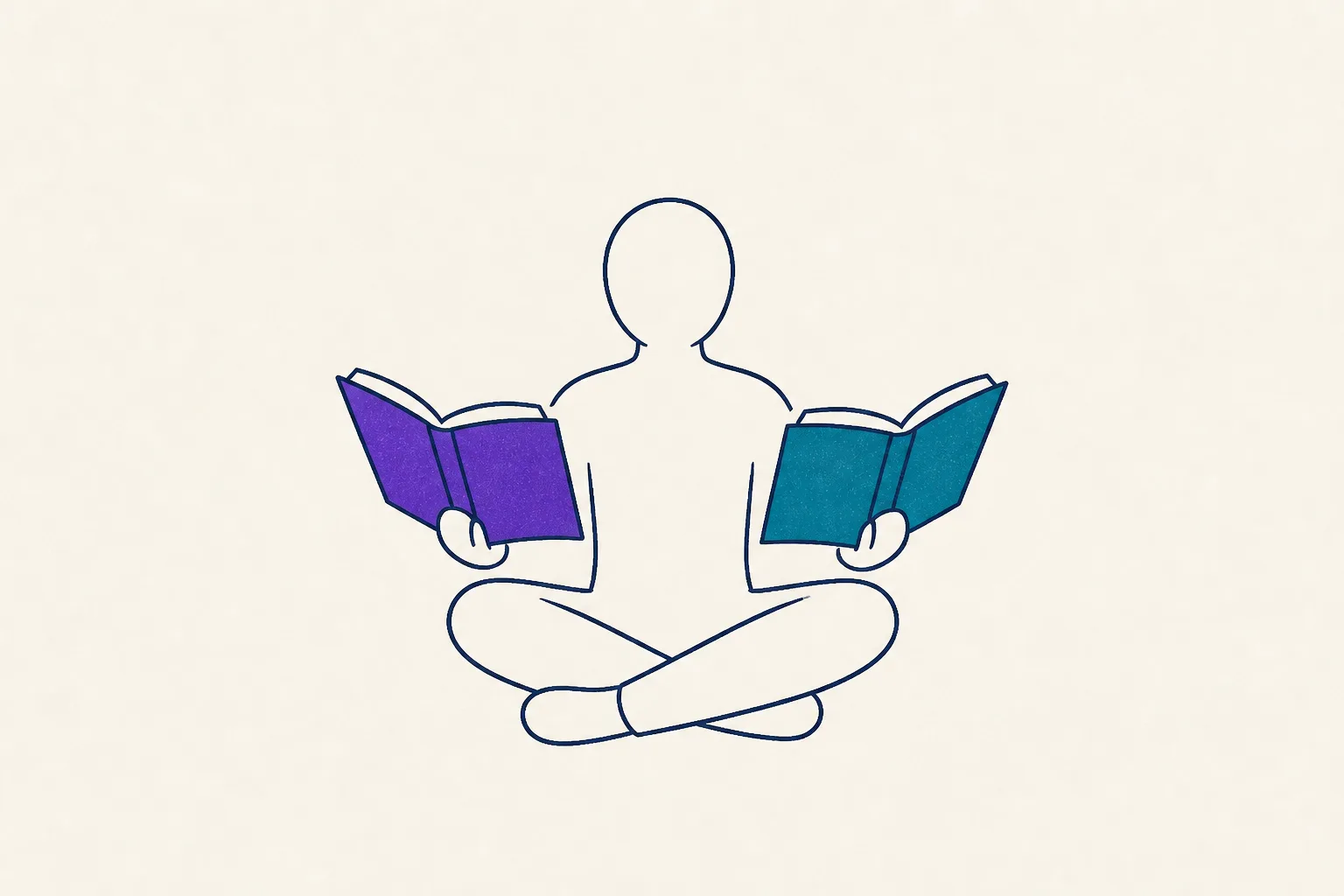 Pessoa sentada de pernas cruzadas segura dois livros abertos, um em cada mão.